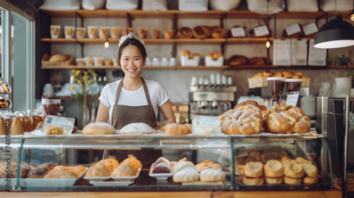 mulher asiática sorridente de avental olhando para a câmera na padaria