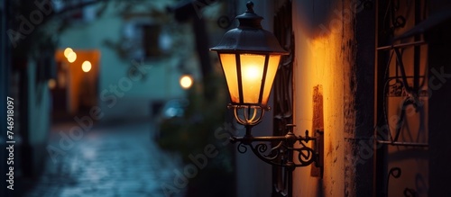 Evening Glow: a solitary street light casting shadows in a narrow alleyway