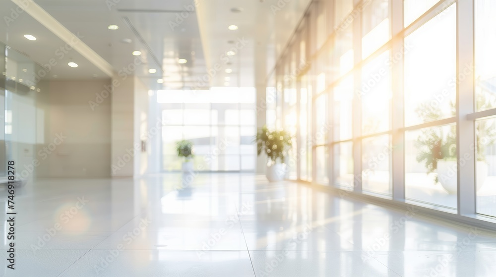 Bright Modern Office Lobby with Sunlight Streaming Through Large Windows