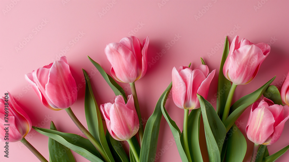Pink tulips arranged on pink background, evoking spring. Pink tulips arranged on pink background, evoking spring.
