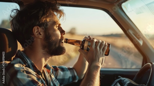 Man holding a beer bottle while driving along the way