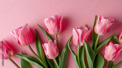 Pink tulips arranged on pink background, evoking spring.