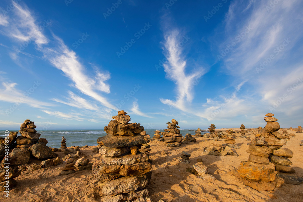 Beach and pyramid stones in Punta Gallinas, Guajira. 