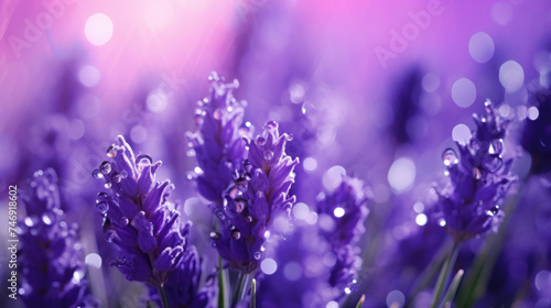 Beautiful close-up of blooming purple Lavender Flower Petals Sparkling dewdrops on bright background illuminated by morning rays natural lighting golden light created with Generative AI Technology