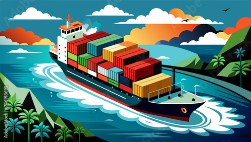 Vector illustration of a cargo ship carrying containers.