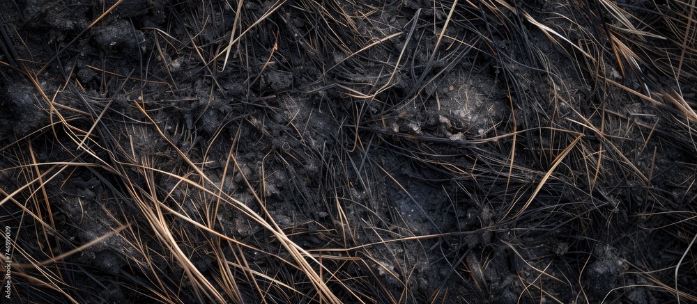In this black and white image, burnt dry grass is the main subject against a background of dirt. The contrast between the grass and the earth creates a stark and raw visual. In this black and white image, burnt dry grass is the main subject against a background of dirt. The contrast between the grass and the earth creates a stark and raw visual.