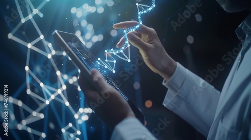 Medicine doctor touching electronic medical record on tablet. DNA. Digital healthcare and network connection on hologram modern virtual screen interface, medical technology and network concept.