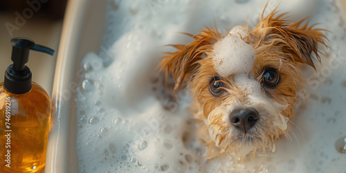 Joyful dog in a bath with foam and shampoo