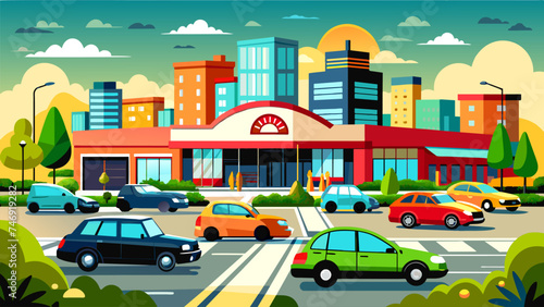 Vector illustration of cars driving on a busy street and cars parking in the streetside shopping mall parking lot. © Royal Ability
