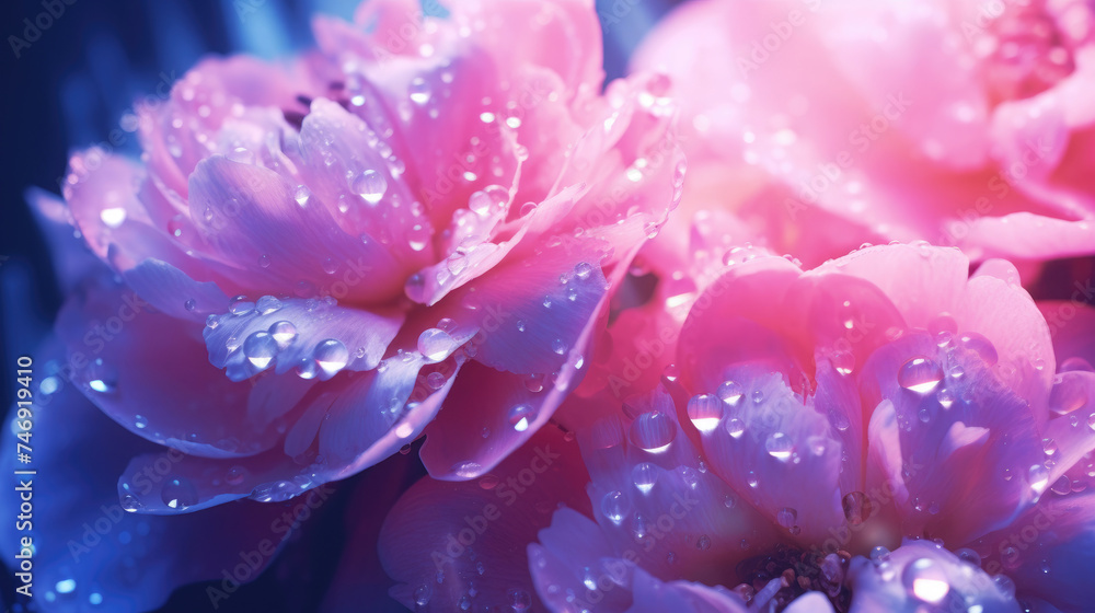 Beautiful close-up of blooming purple Peony Flower Petals Sparkling dewdrops on bright background illuminated by morning rays natural lighting golden light created with Generative AI Technology