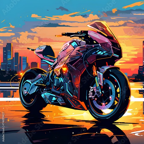 Futuristic motorcycle on the cityscape at evening