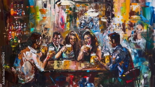 Multiracial group of happy friends having fun while toasting beer in a bar. © Sasint