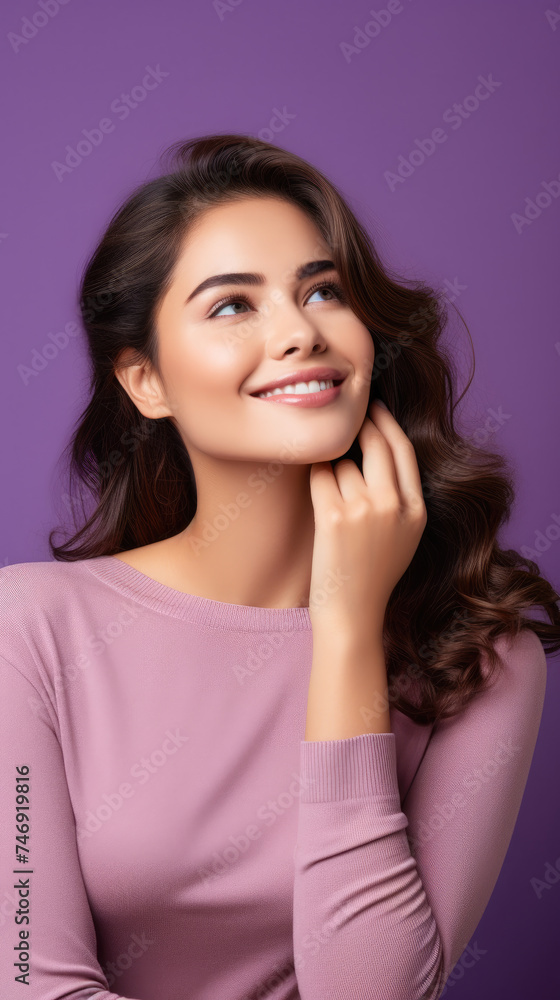 Beautiful smiling woman thinking about her inspiration with hand touching her chin to search product options isolated on purple color background Beautiful smiling woman thinking about her inspiration with hand touching her chin to search product options isolated on purple color background