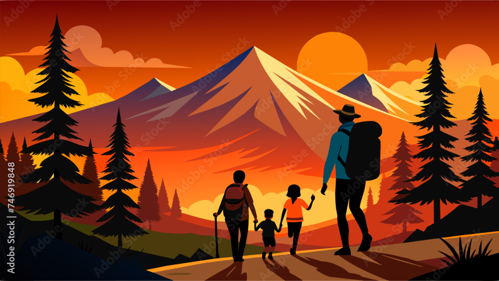 Fototapeta premium Vector illustration of a family going for a nature walk at sunset.