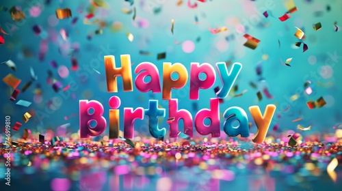 Colorful Glossy Surface Happy Birthday concept creative horizontal art poster. Photorealistic textured words Happy Birthday, artistic background. Ai Generated Congratulations Horizontal Illustration.