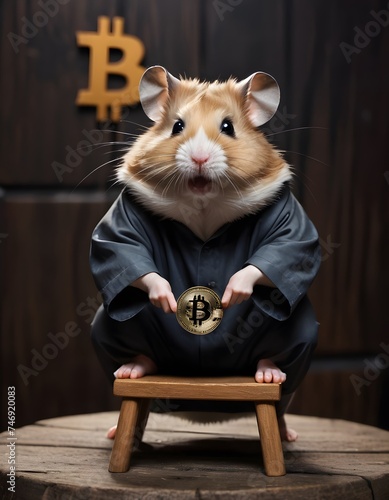 A hamster dons a martial arts gi and holds a Bitcoin, set against a dojo backdrop with a Bitcoin emblem. This image creatively fuses traditional martial arts with the modernity of cryptocurrency. AI