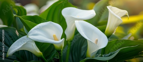 A close up of a cluster of white petals on a flowering plant, with green leaves as a backdrop. These terrestrial plants are a beautiful addition to any garden or home decor.