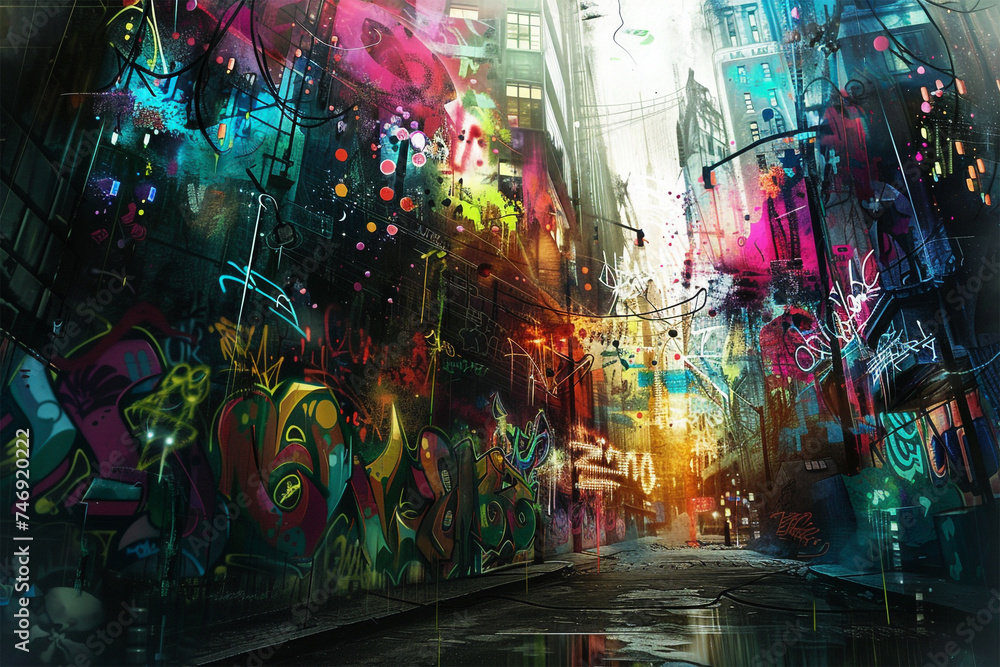 Farbenfrohe Abstraktion: Dynamische Graffitikunst in der Großstadt