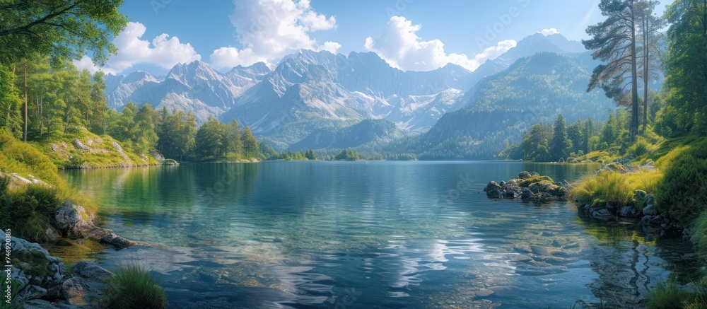 Panoramic view of nature and Lake in the Mountains