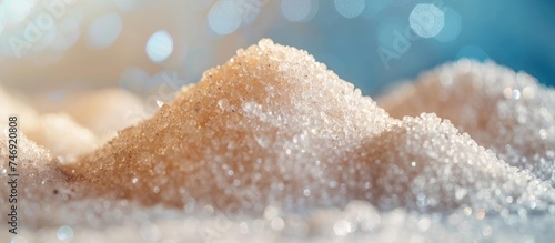 A close-up view of a pile of granulated sugar. The sugar appears to be in a loose and textured form, implying its sweetness and common usage in various culinary applications.