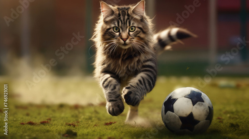 Cute Kitty Cat Playing Football by dribbling the ball on the grass field created with Generative AI Technology 