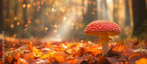 Enchanted Mushroom Perched on a Bed of Autumn Leaves, Nature's Tranquility