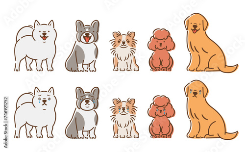涙を流して泣く犬の悲しむ姿を描いたかわいい全身のペットイラストセット_白バック
