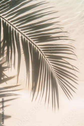 Summer vacation background with tropical palm leaf shadow on white sand beach