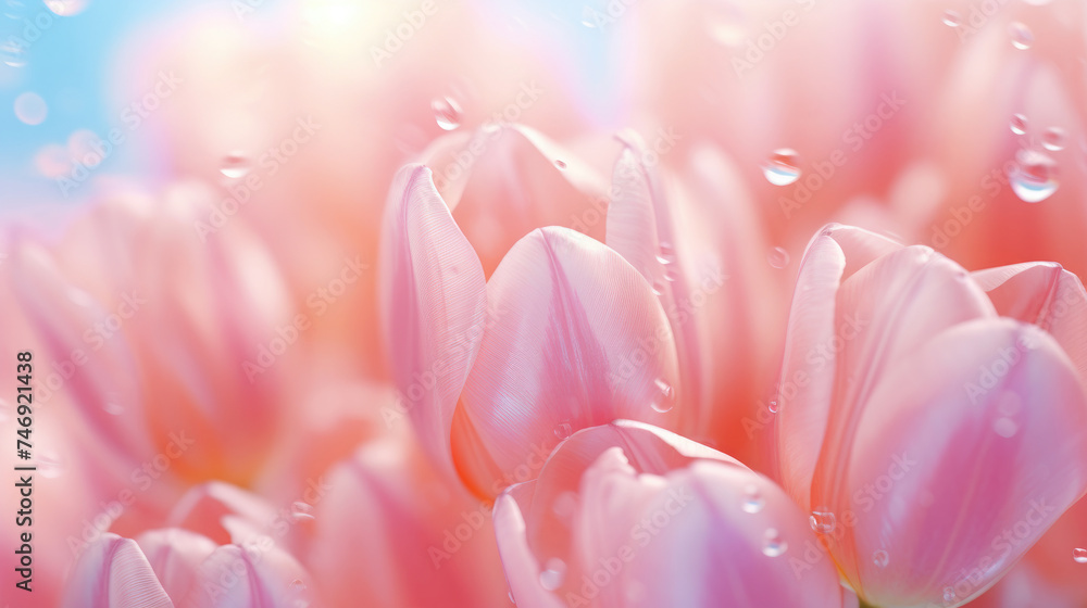 Beautiful close-up pink Tulip Flower petals Sparkling dew drops on bright background illuminated by morning rays natural lighting golden light created with Generative AI Technology  - obrazy, fototapety, plakaty 