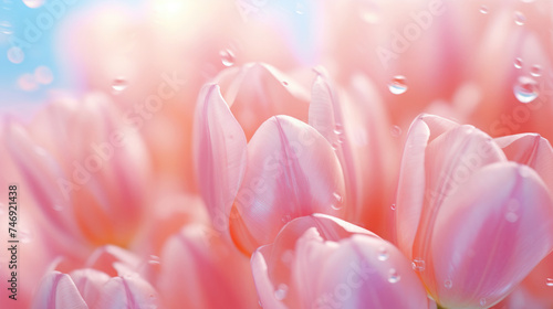 Beautiful close-up pink Tulip Flower petals Sparkling dew drops on bright background illuminated by morning rays natural lighting golden light created with Generative AI Technology 