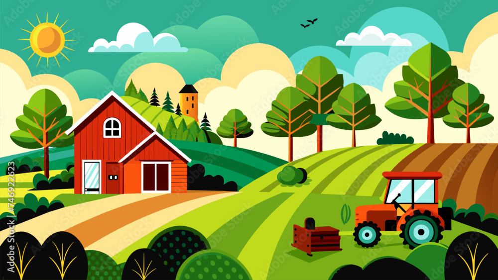 Fototapeta premium Colorful vector illustration drawing of village house and tractor in the field.