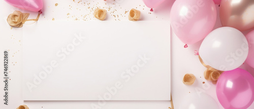 Blank white plain birthday invitation card mockup with birthday elements pink balloons and gold ribbon created with Generative AI Technology