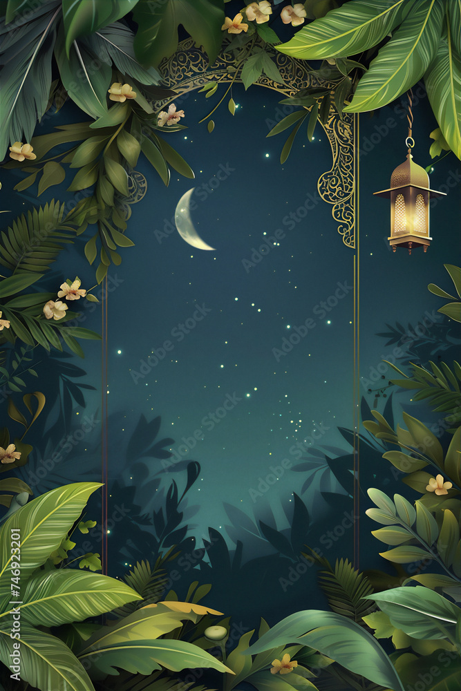 Ramadan greeting card in spring theme with spring floral frame, mosque, lantern and crescent moon Ramadan greeting card in spring theme with spring floral frame, mosque, lantern and crescent moon