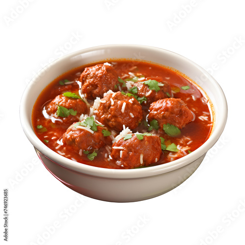 Chinese Cabbage Soup with Minced Pork and meatball in bowl. Thai style clear soup on white and transparent background