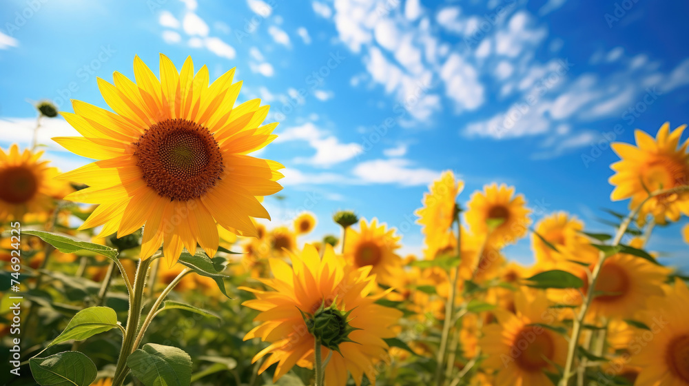 Field of bright blooming yellow sunflowers flowers in a wide green meadow with clear blue sky and sunny weather