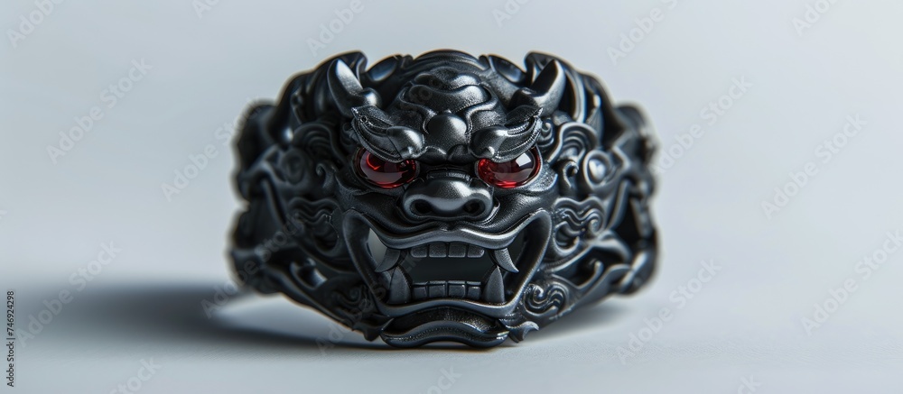 A detailed view of a black ring with menacing red eyes, set against a white background. The eerie red eyes stand out against the dark ring, creating a striking contrast. A detailed view of a black ring with menacing red eyes, set against a white background. The eerie red eyes stand out against the dark ring, creating a striking contrast.