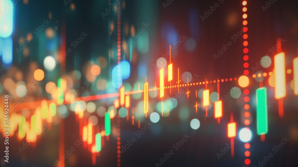 Blurred bokeh effect with stock market charts and banking visuals for design concepts.