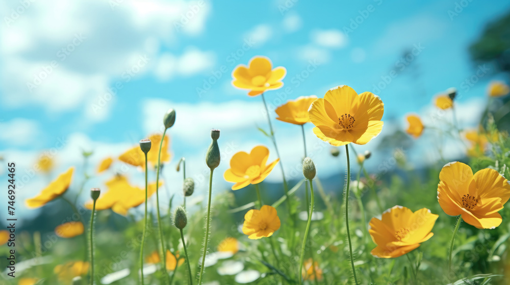 Field of bright blooming yellow Ranunculus buttercups flowers in a wide green meadow with clear blue sky and sunny weather created with Generative AI Technology