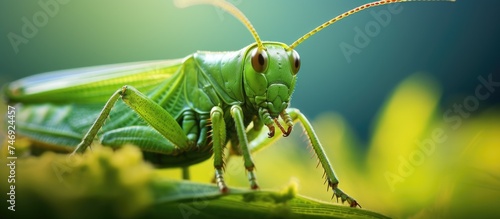 A detailed close-up of a bright green grasshopper perched on a leaf in a garden. The grasshoppers intricate body structure and vibrant color are prominently displayed in the foreground. © AkuAku