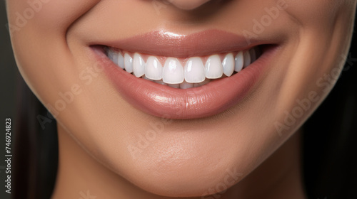 close-up front view of a smiling woman face with perfect white teeth and beautiful lips created with Generative AI Technology photo