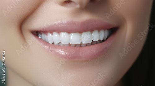 close-up front view of a smiling woman face with perfect white teeth and beautiful lips created with Generative AI Technology