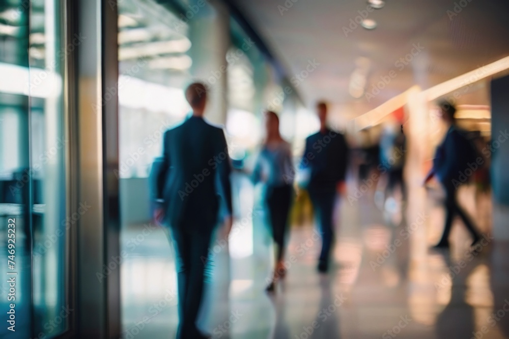 Defocused background of people walking in a modern office building in motion blur