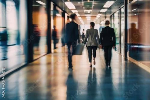 Defocused background of people walking in a modern office building in motion blur