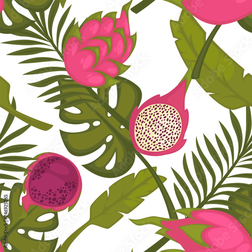 Exotic print with pitahaya and monstera leaves