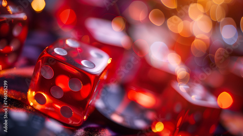 Probability and chance concept. Red dice rolling around.