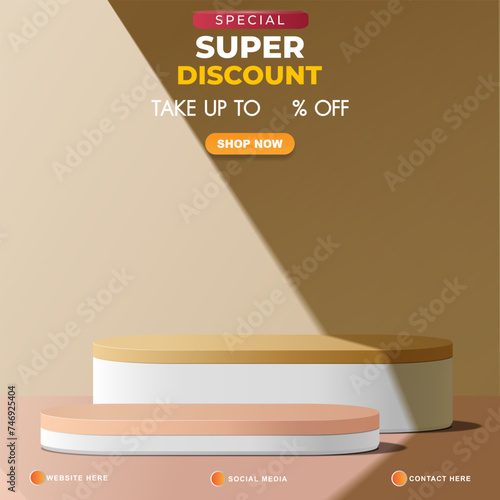 special super discount sale template banner with copy space 3d podium for product sale with abstract gradient brown and white background design