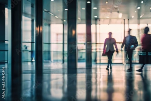 Defocused background of people walking in a modern office building in motion blur