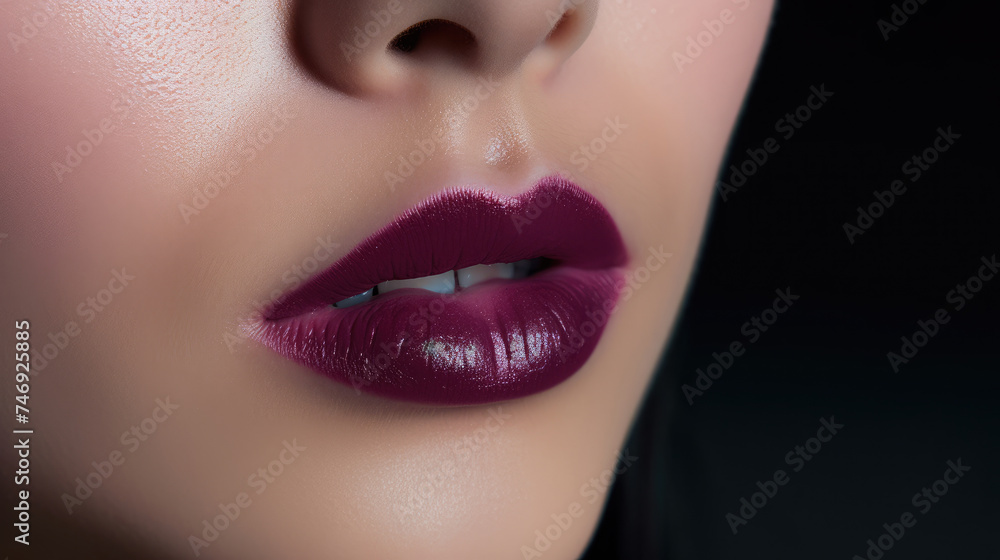 Close-up beautiful Lip glaze in dark berry asian girl color make-up with moist texture contrast of light and shadow on a dark background Close-up beautiful Lip glaze in dark berry asian girl color make-up with moist texture contrast of light and shadow on a dark background