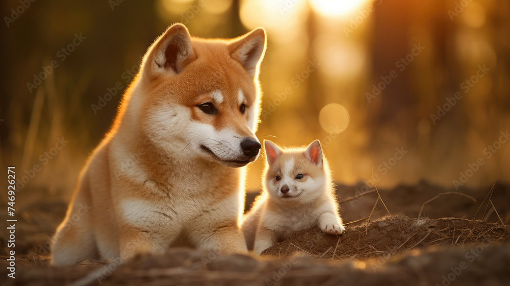 Cute brown Shiba Inu dog and his puppy standing in a green meadow with flowers all around created with Generative AI Technology