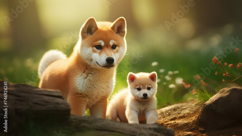 Cute brown Shiba Inu dog and his puppy standing in a green meadow with flowers all around created with Generative AI Technology
